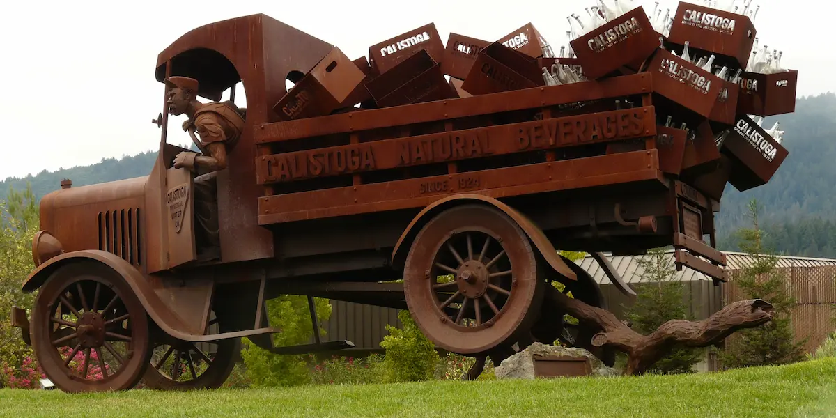 Calistoga Natural Beverages truck sculpture on a lawn in Napa Valley